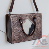 Kulit sapi asli untuk wanita, tas Tote Bohemian Buckstitch kulit sapi, dompet ukiran tangan gaya Barat