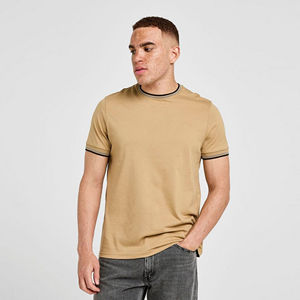 <b>Mens</b> Khaki Striped Trim Short Sleeve Cotton T-<b>Shirt</b> Custom Logo OEM ODM Wholesale Apparel - Product Image 3
