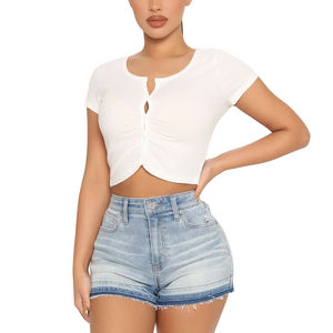 Pantalones Cortos de Mezclilla de Color Sólido de Última Moda, Pantalones Cortos de Mezclilla para Mujer, Oferta, Cintura Alta, Ropa de Mujer, Pantalones Cortos Lisos Teñidos para Mujer - Product Image 3