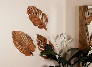 Mango Wood Leaf Handmade Carved <b>Wall</b> Decor <b>Set</b> <b>of</b> <b>3</b> 24" W, 12" H Brown - Product Image 2