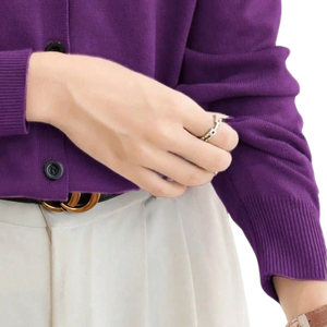 Women Purple High Stretch Knit <b>Cardigan</b> <b>Sweater</b> Long Sleeve Button Front Neck Casual Work Daily Wear Plain Simple Stylish New - Product Image 6