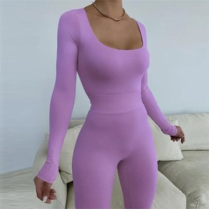 Nouvel ensemble décontracté pour femme : combinaison moulante unie à manches longues et pantalon taille haute - Product Image 2