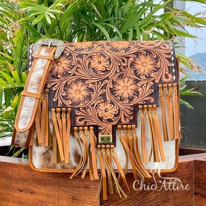 Latest Good Quality Hand Tooled Leather Tassel Detailing Messenger Bag Genuine Cowhide Leather Shoulder <b>Briefcase</b> Bag <b>for</b> <b>Women</b> - Product Image 1