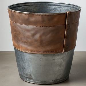 Maceta decorativa de cuero de metal galvanizado en acabado rústico Trabajo artesanal diseñado para espacios decorativos refinados - Product Image 1