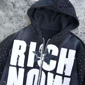 Custom Applique Patched Embroidery Logo Zip up Fleece Winter Hoodie Vintage Washed 100% Cotton Breathable for <b>Men</b> - Product Image 5