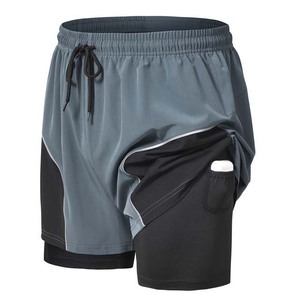 Pantalones cortos de gimnasio para hombre, ropa de verano para hombre, pantalones cortos para correr, 100% de algodón y poliéster, cintura con cordón, pantalones cortos informales de doble capa para hombre - Product Image 2