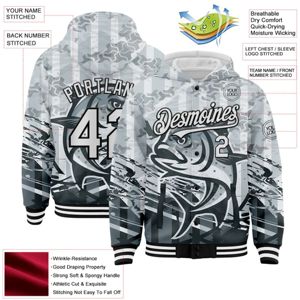 Blouson aviateur 3D de pêche au poisson géant blanc-noir gris personnalisé veste à capuche Varsity Letterman - Product Image 2