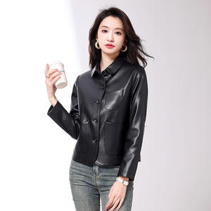 Veste en cuir PU réversible pour femmes pour automne hiver fermeture à bouton unique Style Moto Logo avant bouton décoratif solide - Product Image 5