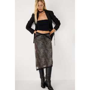 กระโปรงลายเสือดาวลำลองทรงดินสอความยาวปานกลาง แต่งจีบ ปักลายผ้าฝ้ายผสมสแปนเด็กซ์ ผ้าทอแบบไม่ถักทอ เอวธรรมชาติ - Product Image 5