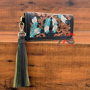 Exclusive Feather Design Genuine Hand Tooled Leather Long <b>Wallet</b> for Women Vintage Style Designer Cash and Credit <b>Card</b> <b>Holder</b> - Product Image 1
