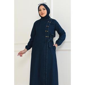 Abaya Mega Merchant Modelo 41459 para Mujer, Estilo Modesto, Color Azul Denim Oscuro, con Botones Delanteros y Lazos Laterales - Product Image 2