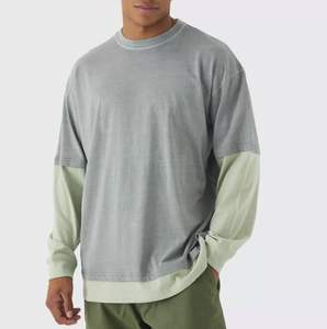 Último diseño Patchwork Streetwear deporte Unisex doble capa manga larga Oversize algodón camiseta para hombres - Product Image 5