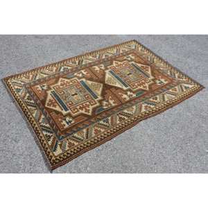 Style Ethnique 4x5.5ft Tapis Turc Classique Marron Bleu Patchwork Laine Polyester Rectangle Salon Tapis avec Support en Latex - Product Image 2