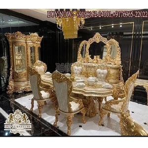 Table et chaises de salle à manger en teck de luxe moderne européen avec design sculpté en feuille d'or, taille et couleur personnalisables, durables - Product Image 1