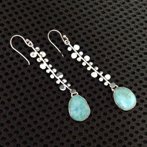 100% Naturel Larimar Ovale 925 Sterling Silver Bohème 7 cm de long Dangle 6.78 gms Boucles d'oreilles designer à la mode larimar bijoux en argent - Product Image 3