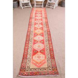 2.4x12.6 ft Turkish Rug, Vintage <b>Runner</b> Rug, <b>Red</b> White Geometric Wool Rug - Product Image 1