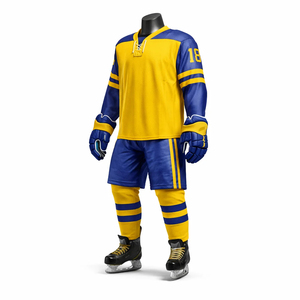 Tenue de hockey sur glace personnalisée jaune et bleue, ensemble maillot et short sublimés, vêtements d'équipe pour adultes, fabricant OEM ODM - Product Image 3
