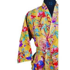 Peignoir kimono long en coton pur à 100% imprimé floral indien, imprimé numérique, doux, col en V, fermeture à ceinture - Product Image 5