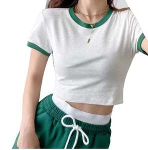 OEM Logo personnalisé Impression Broderie Femmes Contraste Reliure Manches Courtes Slim Fitted Ringer Tee Crop Top T-shirts - Product Image 1