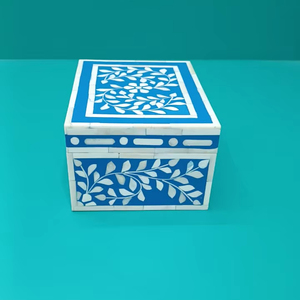 Vente chaude À La Main Bleu Blanc Os Incrustation Boîte À Bijoux En Bois Conception Florale Boîte De Rangement Décorative avec Serrure - Product Image 2