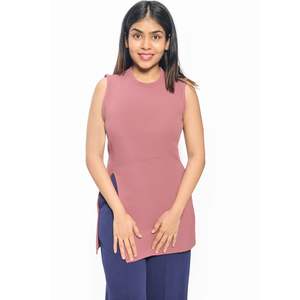 Haut tunique sans manches pour femme en mélange de polyester beige avec fente latérale style palangre idéal pour le bureau d'été et les vêtements décontractés - Product Image 6