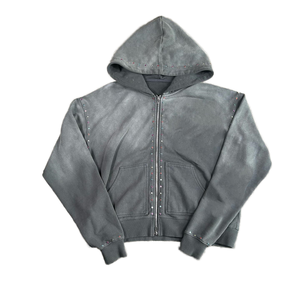 Sweat à capuche personnalisé à double fermeture éclair 100% coton pour hommes Sweatshirts d'hiver de haute qualité Sweat à capuche à capuche en strass délavé au soleil - Product Image 1