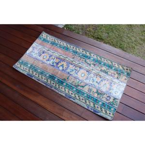 Alfombra Turca Vintage de 1.9x3.7 pies (57x112 cm), Alfombra Azul Marrón Estilo Suroeste - Product Image 2