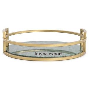 Plateau de service décoratif rond en marbre avec poignée en métal doré - Product Image 4