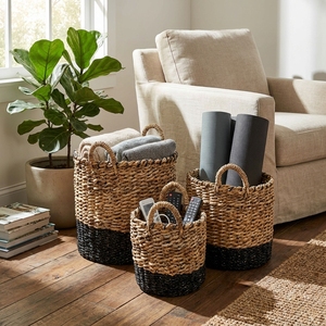 Natural Banana Bark Recycled <b>Plastic</b> Storage <b>Basket</b> Set Black Dipped Bottom Arch Handle Pot Planter Organizer Setup Pure Art - Product Image 6