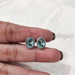 Pendientes de Botón para Mujer, Topacio Azul Natural, Regalo de Navidad o San Valentín, Joyería Hecha a Mano, Plata de Ley 925 - Product Image 1