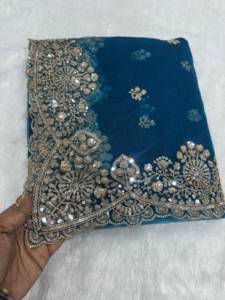Sari indien exclusif bleu sarcelle avec broderie de sequins et blouse en tulle transparent, élégant travail Zari, tenue de mariage pour femme - Product Image 6