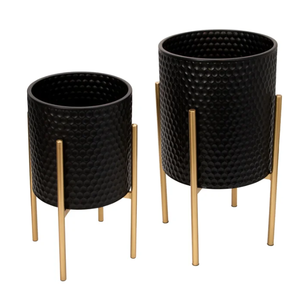 Black Coated Planters Two Pieces With Stand Hammered Design Homemade Royal Planters Flower <b>Pots</b> for <b>balcony</b> garden - Product Image 1