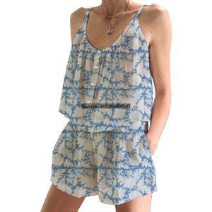 Conjunto de Pijama de Algodón Estampado a Mano con Bloques Indios, Conjunto de Pijama de Algodón Puro para Primavera/Verano, Ajustado, con Tirantes, Sin Mangas - Product Image 4