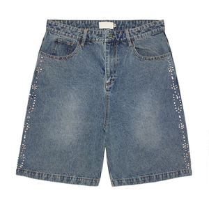 Short en denim épais pour hommes personnalisé Jorts en cristal avec strass Braguette vintage à fermeture éclair 100% coton OEM Service tissé Mid - Product Image 5