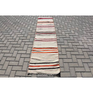 Tapis turc vintage moderne et classique de grande surface, à rayures beiges, 2x7,9 pieds, avec support en latex de laine pour les adolescents, motif rectangulaire de couloir - Product Image 1