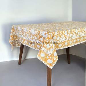 Mantel amarillo de algodón hecho a mano indio hermoso bloque de mano impreso cubierta de mesa de algodón para mantel de boda para la venta - Product Image 6