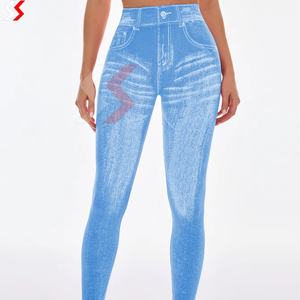 Nouveau pantalon de yoga pour femme, taille haute en denim, coupe slim, sans couture, extensible, tricoté, leggings de fitness, dos en V, effet push-up des fesses, froncé - Product Image 2