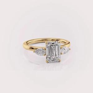 IGI Certified Emerald Cut Lab Grown Diamond Three Stone Engagement & Anniversary <b>Ring</b> 14K Yellow/White Rose Gold Pear Side Stone - Product Image 6