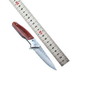 Cuchillo plegable con mango de madera de acero damasco para acampar al aire libre, cuchillo de caza, cuchillo de bolsillo - Product Image 6