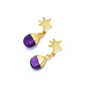 Boucles d'oreilles pendantes en forme de cœur plaquées or 18 carats faites à la main avec pierre d'améthyste, bijoux élégants et tendance pour mariage féminin - Product Image 2