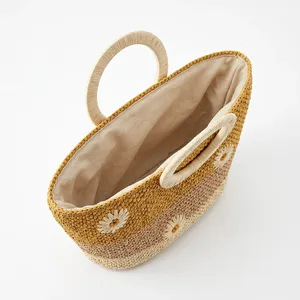 Bolso de Mano Bohemio de Rafia para Mujer, Diseño de Media Luna con Estampado Floral, Ligero, Abierto, con una Sola Correa, Pequeño, Capacidad de 3L, para Uso Diario - Product Image 4