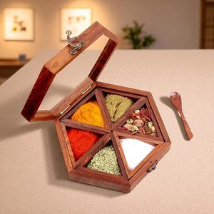 Hot bán bằng gỗ gia vị hộp với sáu <span class=keywords><strong>container</strong></span> và muỗng thanh lịch gia vị <span class=keywords><strong>container</strong></span> cho nhà bếp trang trí lưu trữ Organizer - Product Image 1