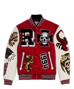 Veste universitaire rouge personnalisée avec logos brodés en chenille blanche, streetwear, bomber universitaire, veste de lettreman avec col montant - Product Image 1