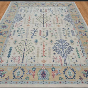 8x10 oushak พรมงาช้าง Bisque, พรมขนสัตว์ดอกไม้, สีฟ้าสีเขียวและสีปัดแก้มพื้นที่พรมตุรกีขนาดใหญ่, พรมที่ทันสมัย: Azalea - Product Image 1