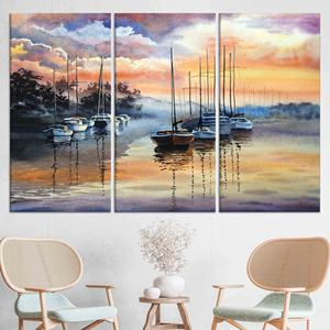 Toile imprimée : Paysage marin abstrait avec voiliers au coucher du soleil, art côtier, lot de 3 toiles - Product Image 1