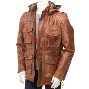 男士高级棕褐色皮革派克大衣，配有可拆卸兜帽 -- 防风雨、柔软的羊皮纳帕、长长度、充足的储物空间