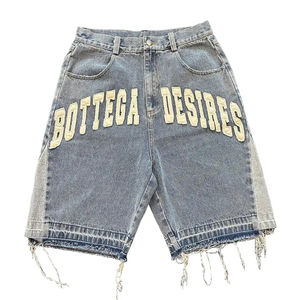 Baggy Jorts sur mesure en DENIM VIRAL brut pour hommes avec ourlet vieilli brodé strass Applique Vintage Streetwear demin court - Product Image 1