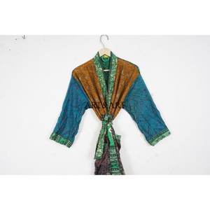 Women Vintage <b>Thermal</b> Silk Maternity Gown Recycled Indian Sari Kimono V-neck Drawstring Closure 2 Pocket Front Side Belt - Product Image 2