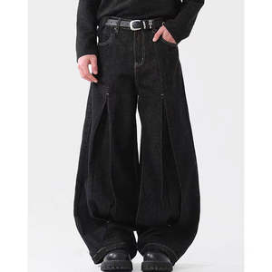 กางเกงยีนส์ทรงแบ็กกี้เอวกลางผ้าโพลีเอสเตอร์ 100% น้ำหนัก 14 ออนซ์ สำหรับผู้ชาย คุณภาพสูง ลายดอกไม้/สีพื้น สไตล์วินเทจ เย็บสองชั้น ทรงตรงแบบดิบ - Product Image 4