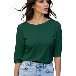 Womens <b>Cute</b> Casual Three Quarter Sleeve Solid Breathable Soft Stretch Knit Crew Neck Loose Fit Everyday Fashion Blouse Spring - Product Image 1